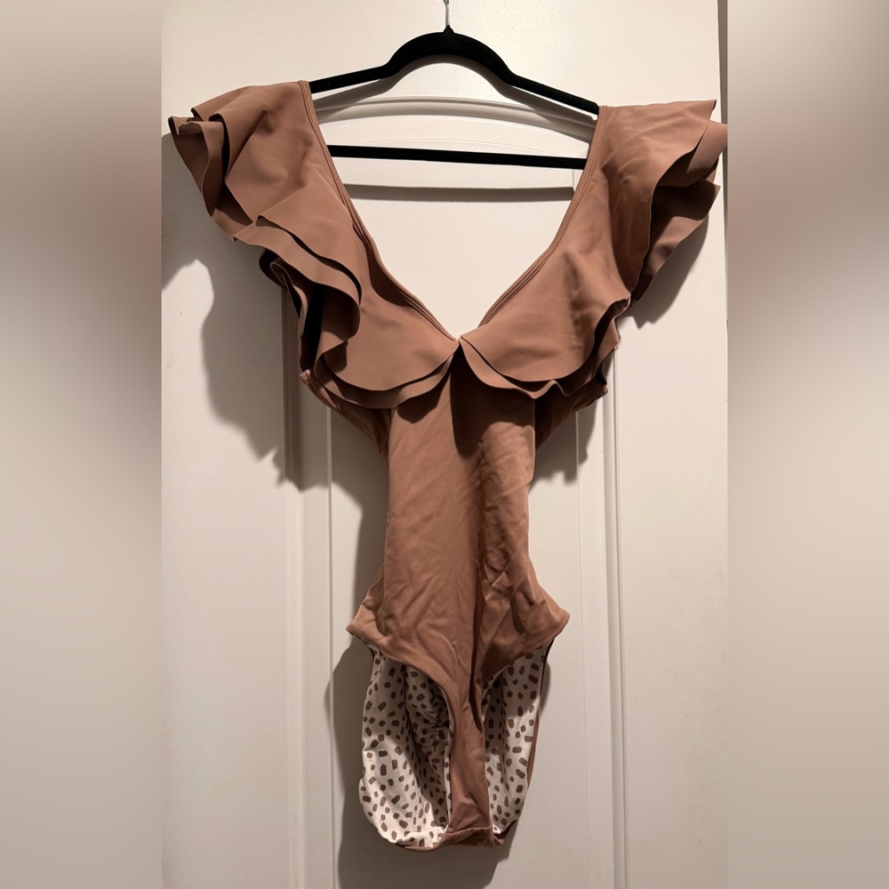Boamar One Piece Swimsuit Reversible Ruffle Elegant Brown Resort Size M